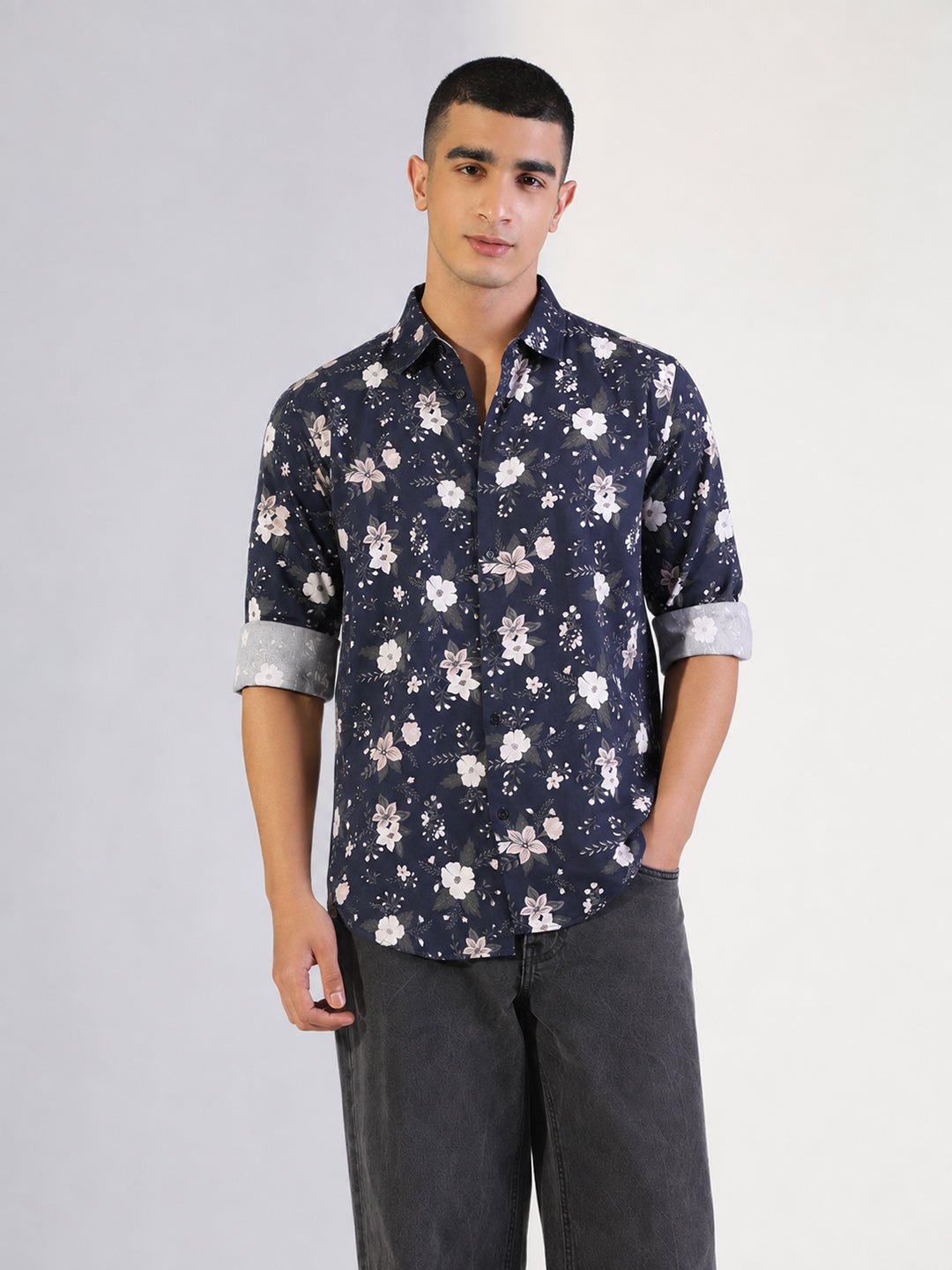 Men’s Floral Print Navy Blue Slim Fit Long Sleeves Shirt