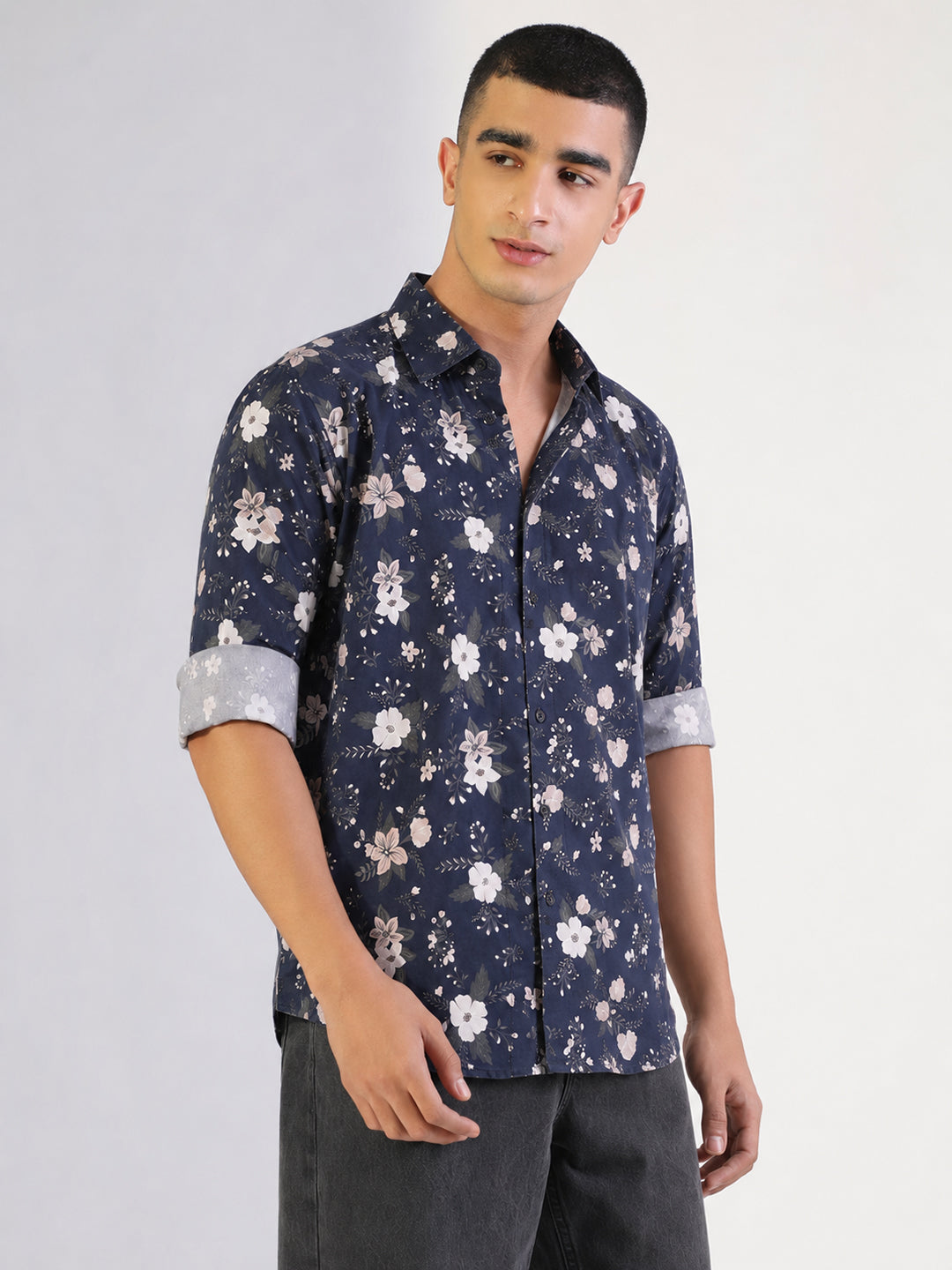 Men’s Floral Print Navy Blue Slim Fit Long Sleeves Shirt