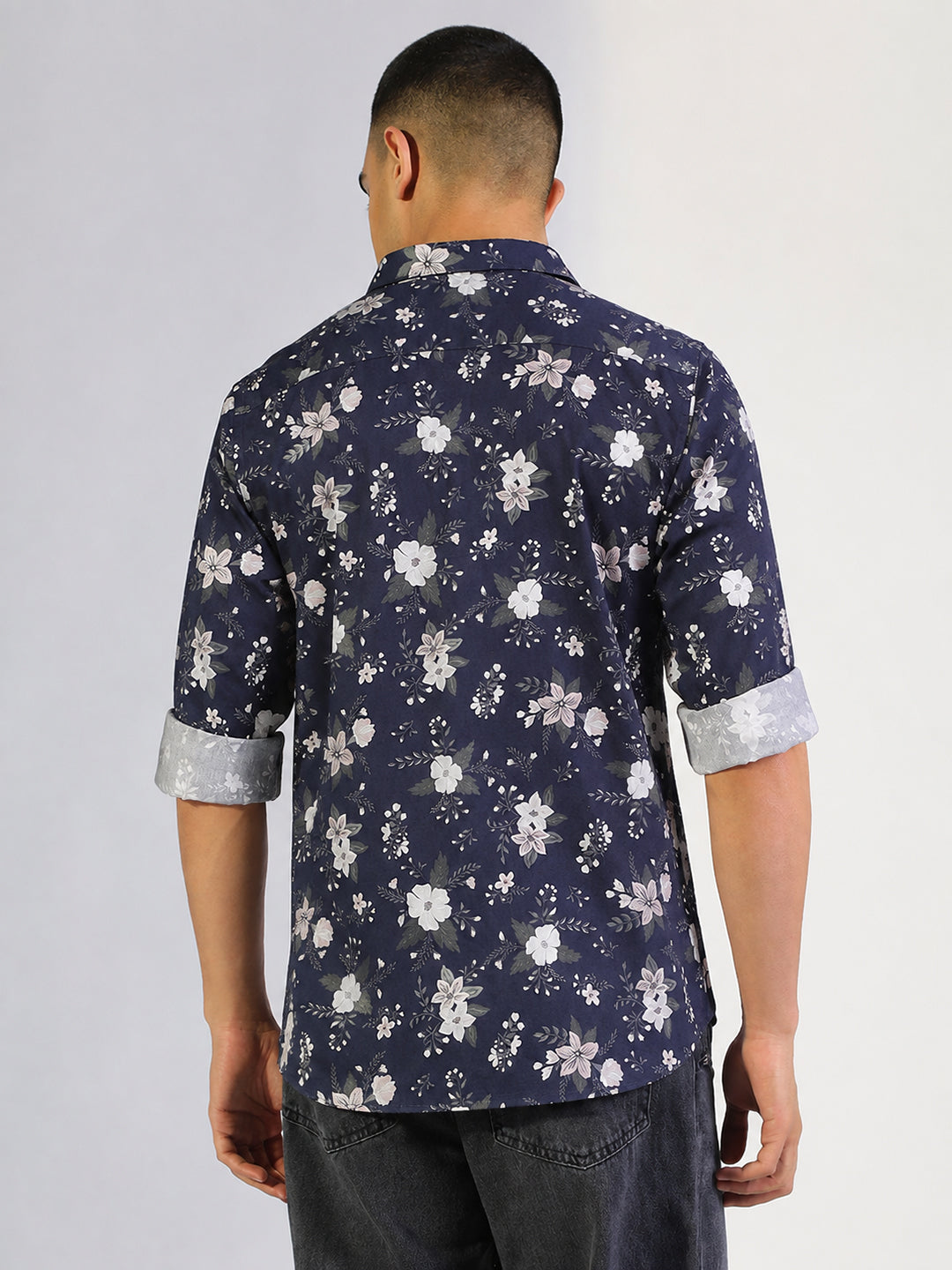 Men’s Floral Print Navy Blue Slim Fit Long Sleeves Shirt