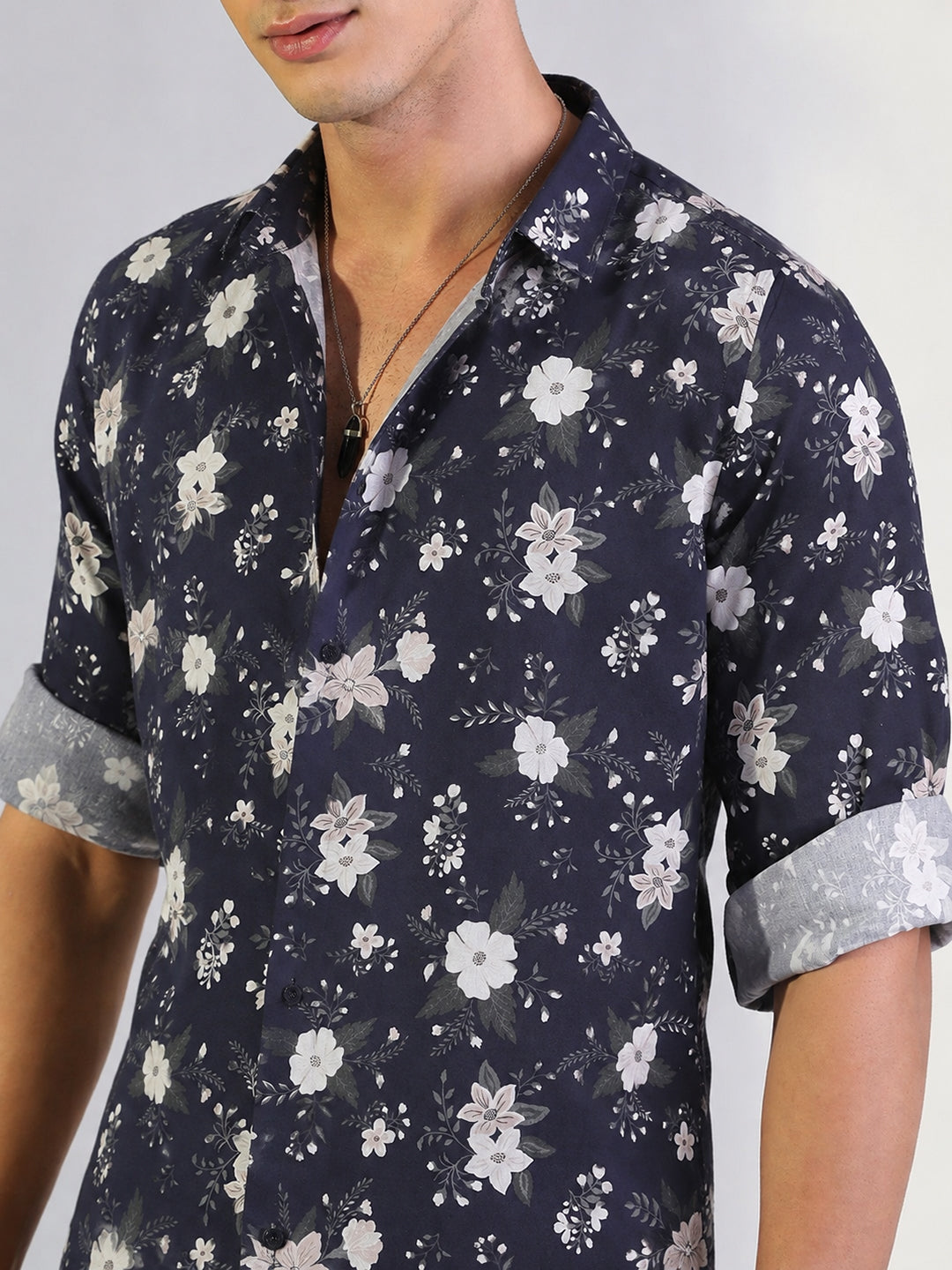 Men’s Floral Print Navy Blue Slim Fit Long Sleeves Shirt