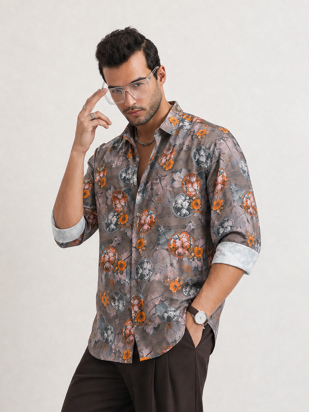Men’s Floral Printed Grey Slim Fit Long Sleeves Shirt