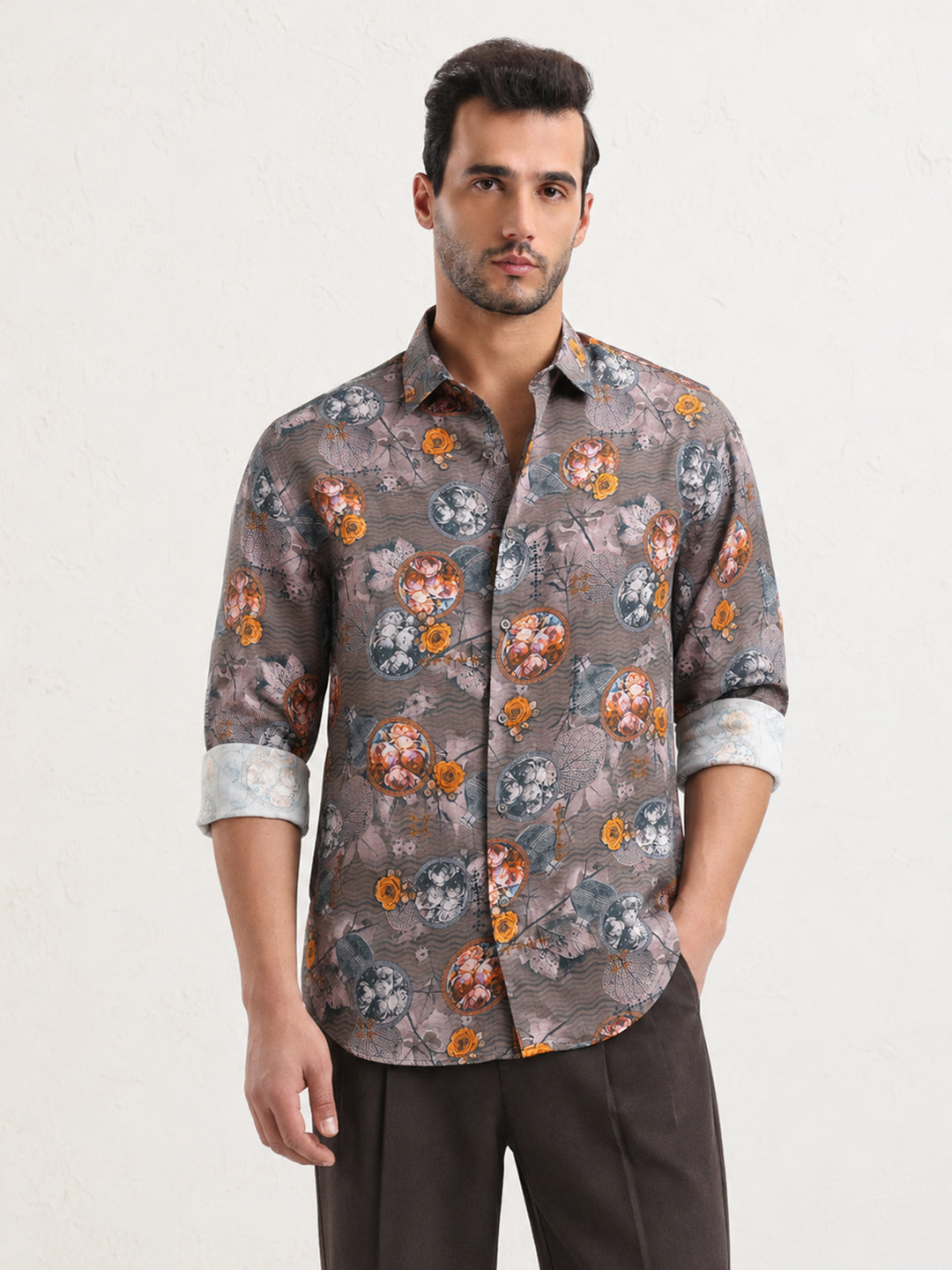 Men’s Floral Printed Grey Slim Fit Long Sleeves Shirt
