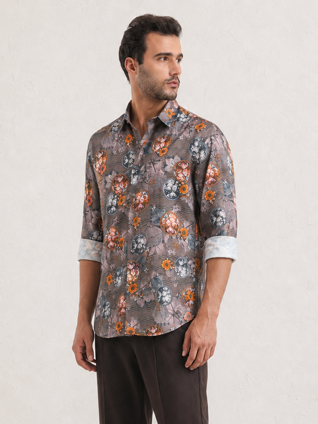Men’s Floral Printed Grey Slim Fit Long Sleeves Shirt