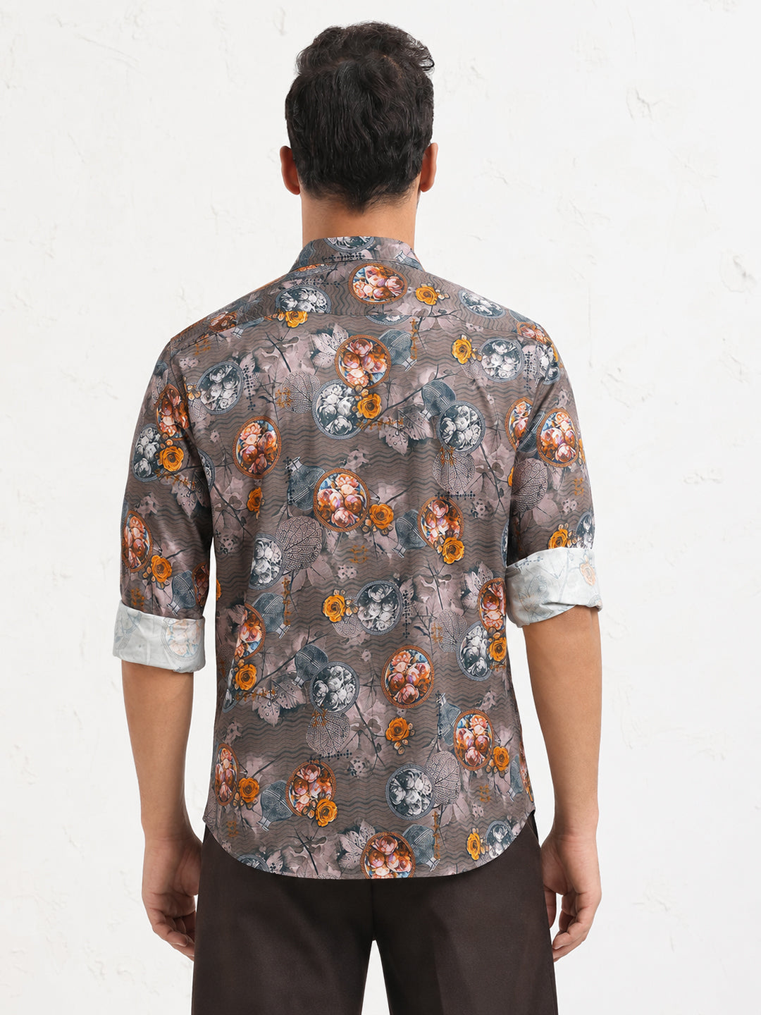 Men’s Floral Printed Grey Slim Fit Long Sleeves Shirt