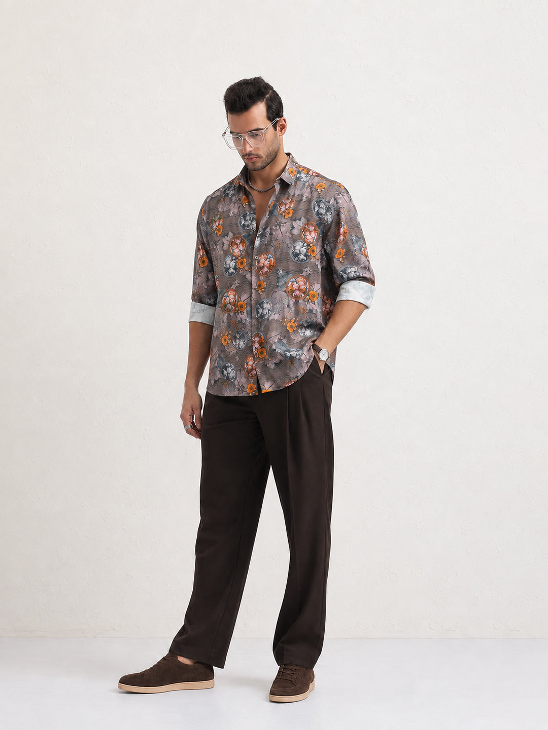 Men’s Floral Printed Grey Slim Fit Long Sleeves Shirt