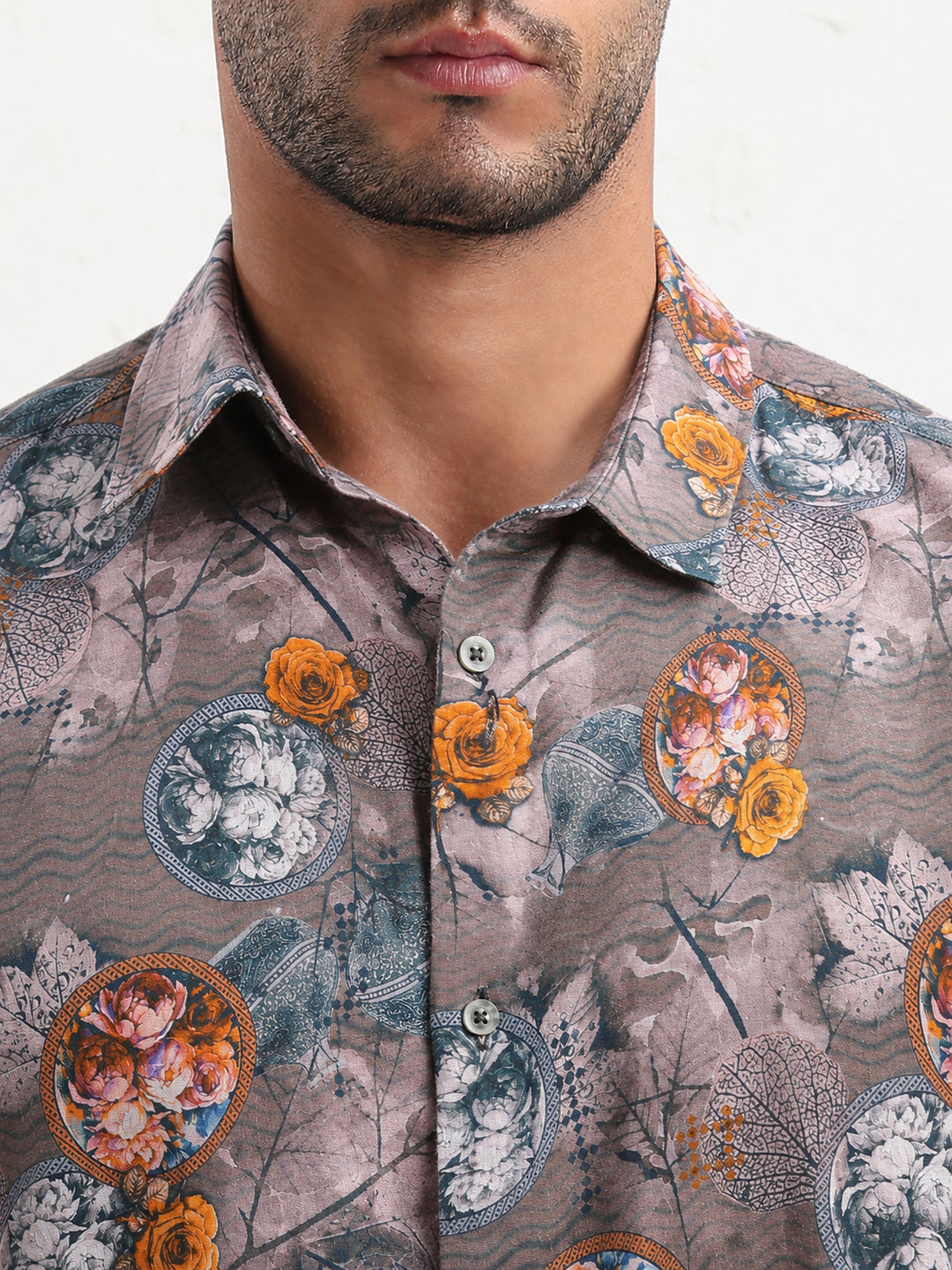 Men’s Floral Printed Grey Slim Fit Long Sleeves Shirt