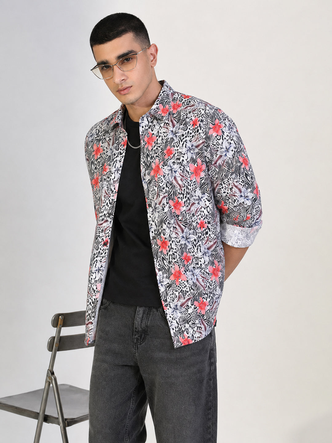 Men’s Floral Printed Off White Slim Fit Long Sleeves Casual Shirt