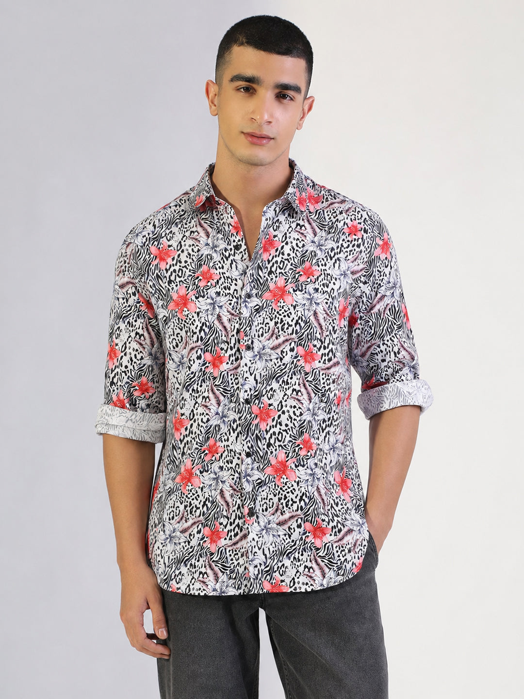 Men’s Floral Printed Off White Slim Fit Long Sleeves Casual Shirt