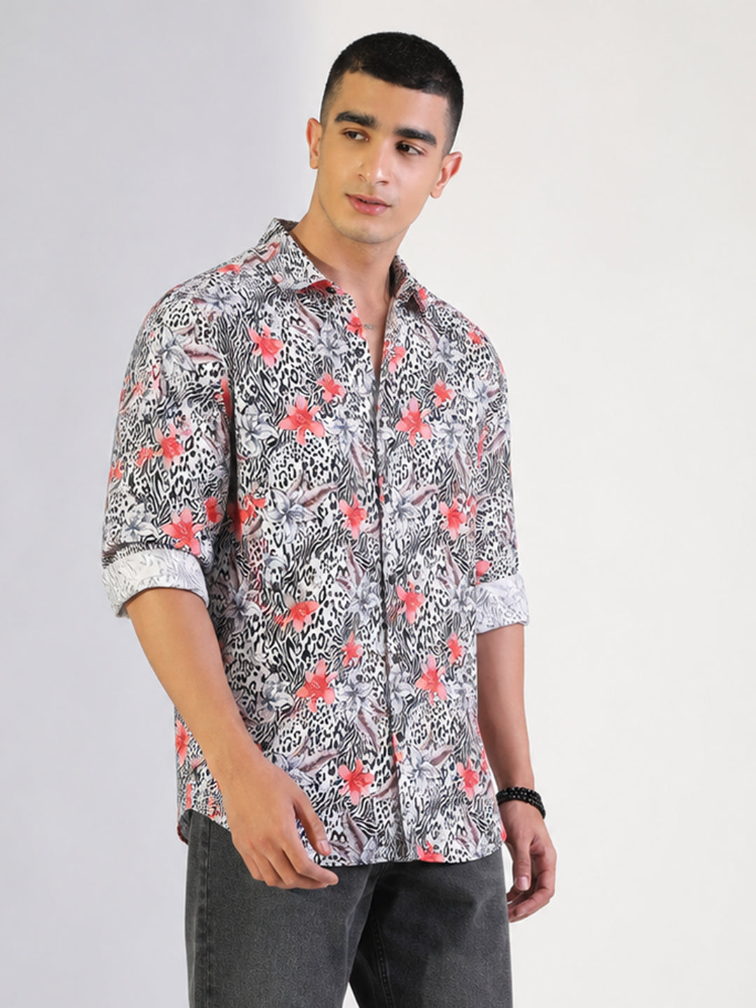 Men’s Floral Printed Off White Slim Fit Long Sleeves Casual Shirt
