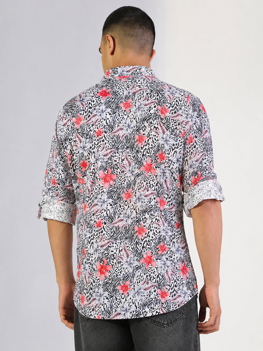 Men’s Floral Printed Off White Slim Fit Long Sleeves Casual Shirt
