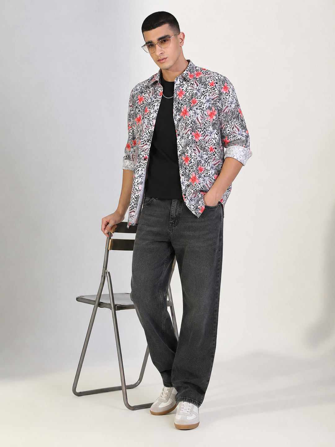 Men’s Floral Printed Off White Slim Fit Long Sleeves Casual Shirt
