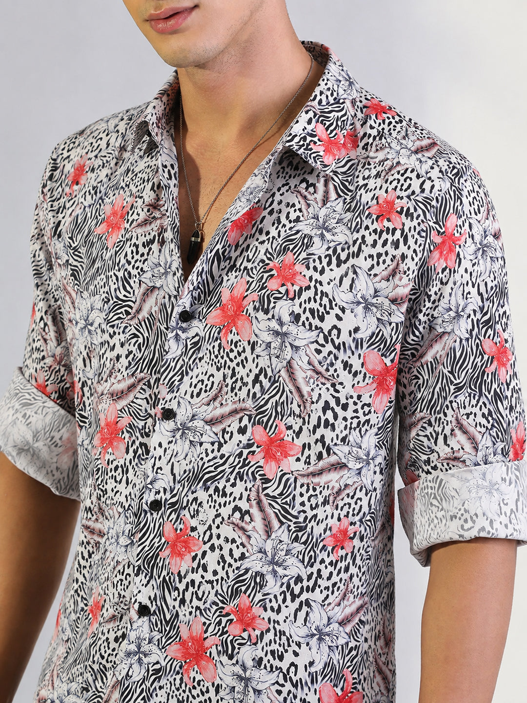 Men’s Floral Printed Off White Slim Fit Long Sleeves Casual Shirt