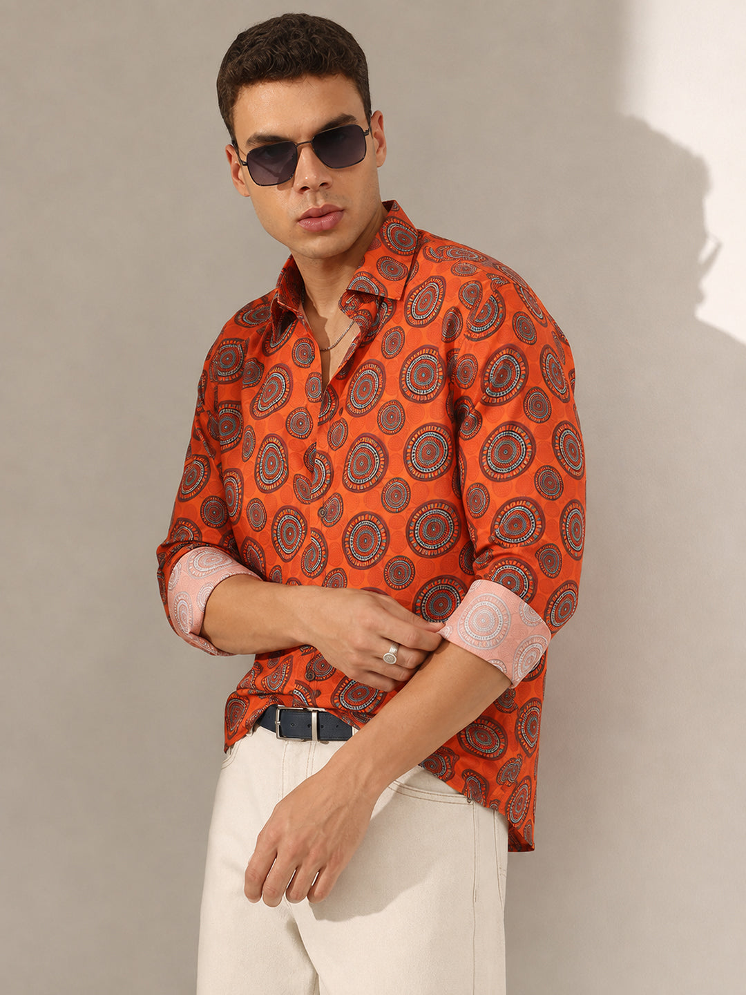 Men’s Geometric Printed Orange Slim Fit Long Sleeves Shirt