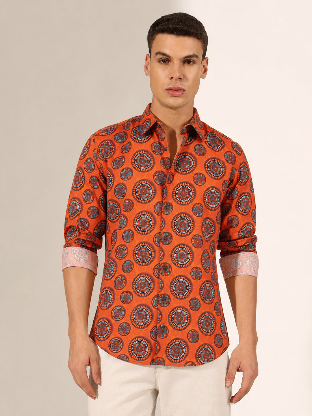 Men’s Geometric Printed Orange Slim Fit Long Sleeves Shirt