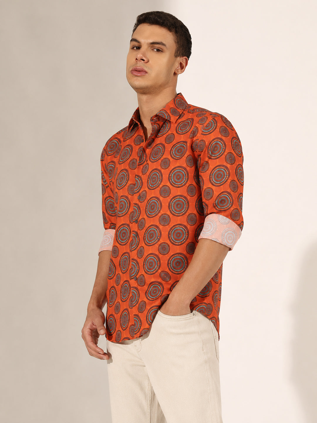 Men’s Geometric Printed Orange Slim Fit Long Sleeves Shirt