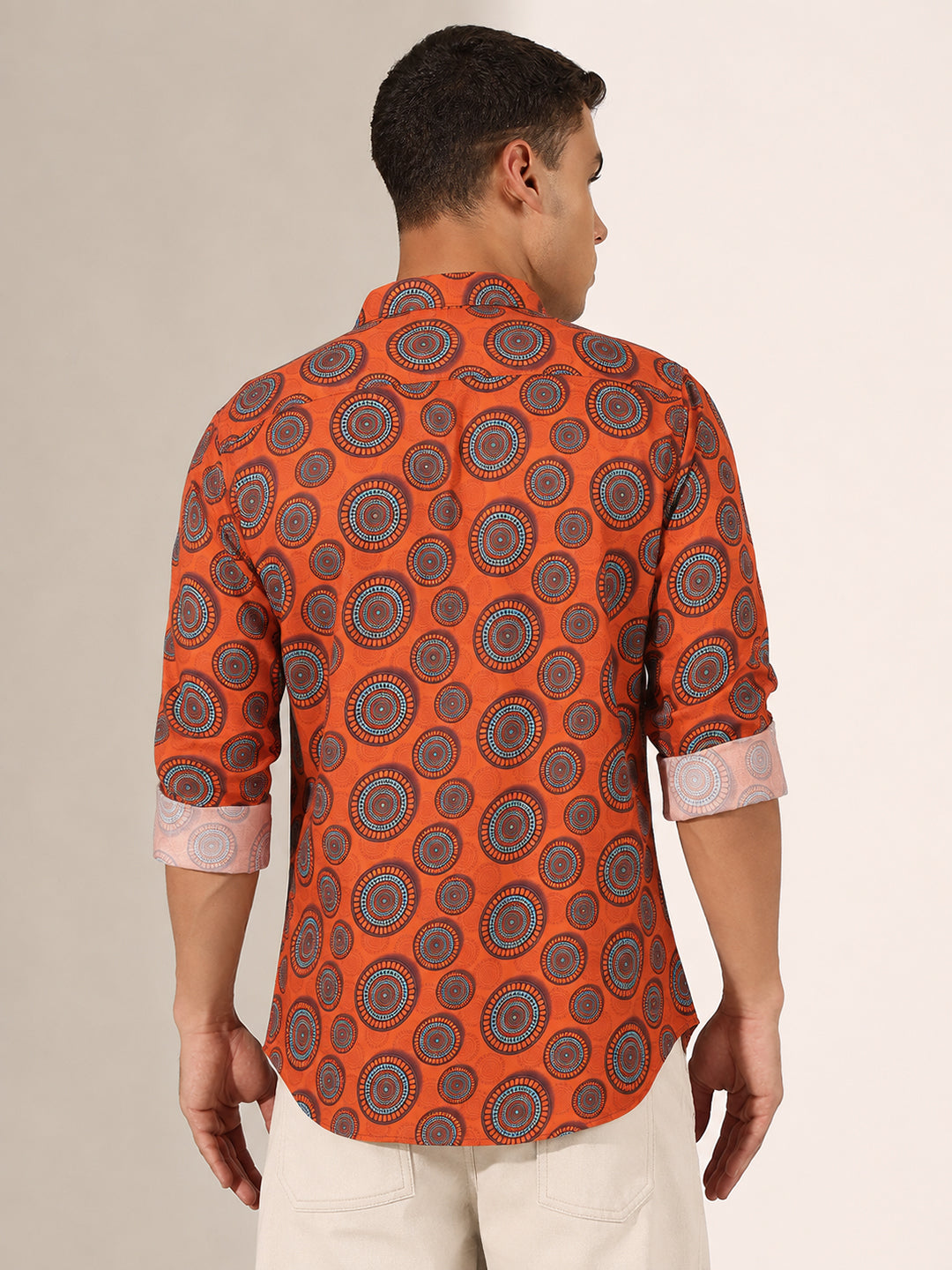 Men’s Geometric Printed Orange Slim Fit Long Sleeves Shirt