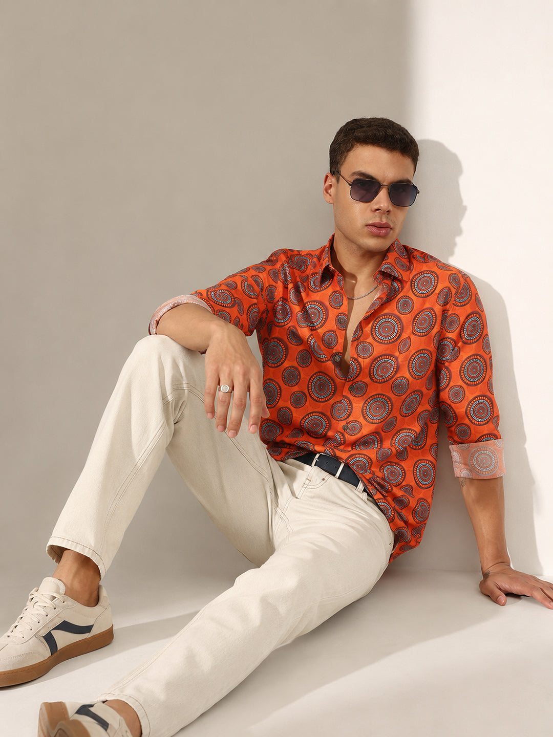 Men’s Geometric Printed Orange Slim Fit Long Sleeves Shirt