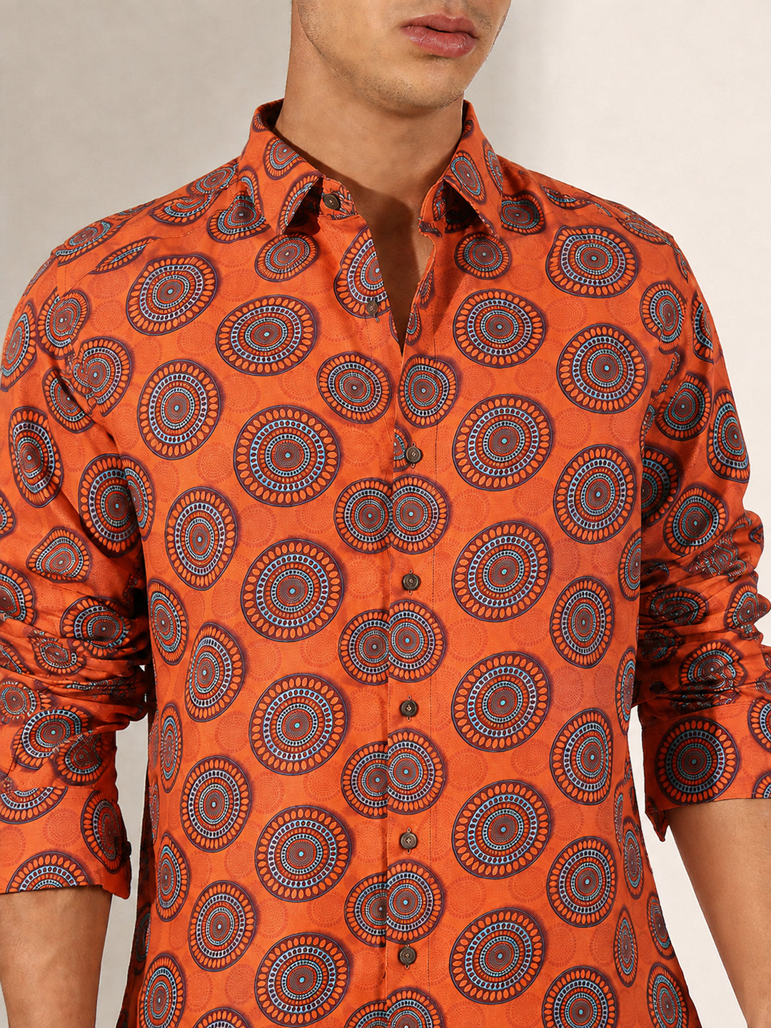 Men’s Geometric Printed Orange Slim Fit Long Sleeves Shirt