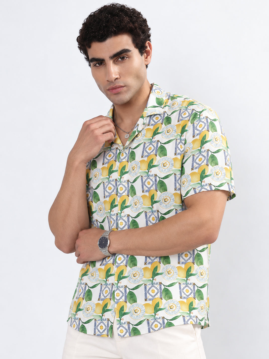 Men’s Printed Green Relaxed Fit Short Sleeves Shirt