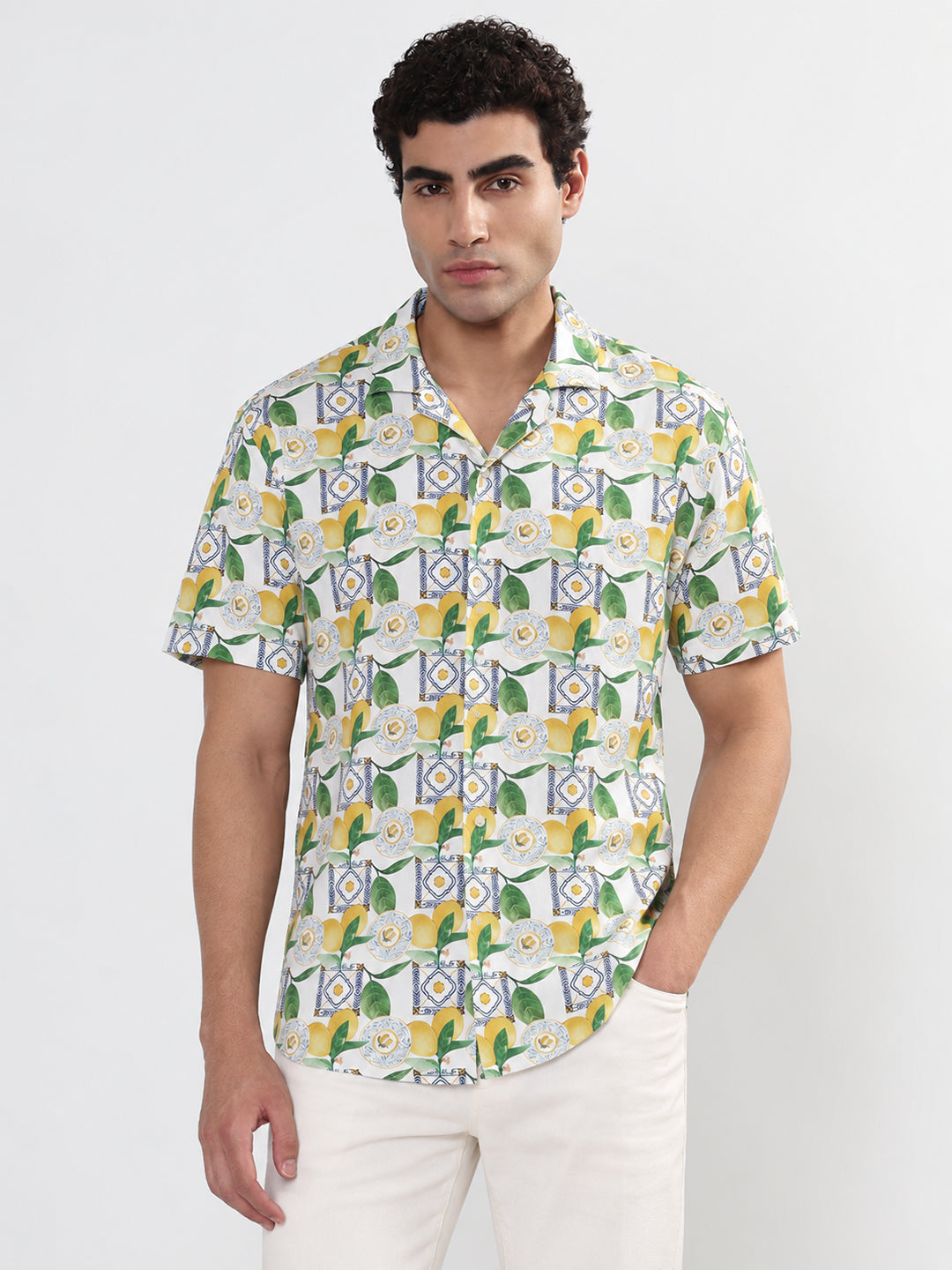 Men’s Printed Green Relaxed Fit Short Sleeves Shirt