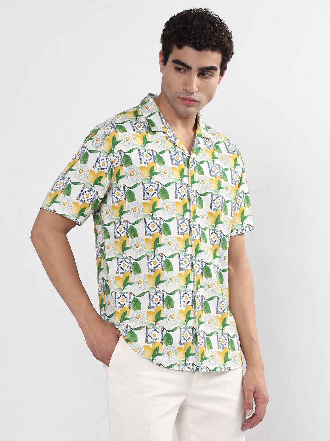 Men’s Printed Green Relaxed Fit Short Sleeves Shirt