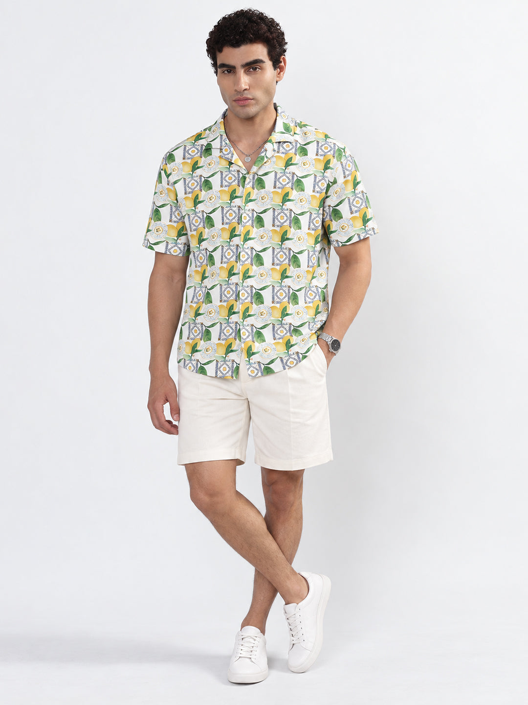 Men’s Printed Green Relaxed Fit Short Sleeves Shirt