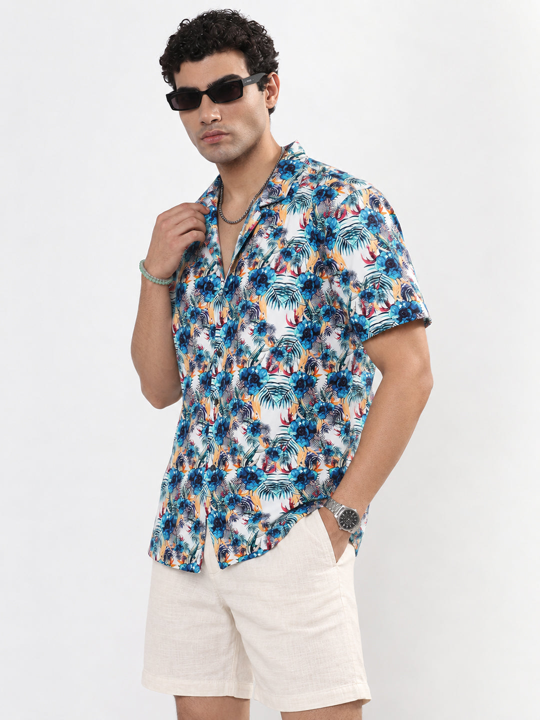Men’s Printed Blue Relaxed Fit Short Sleeves Shirt
