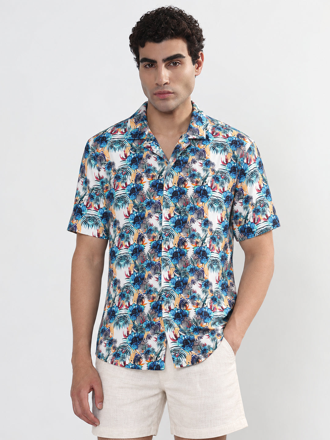 Men’s Printed Blue Relaxed Fit Short Sleeves Shirt