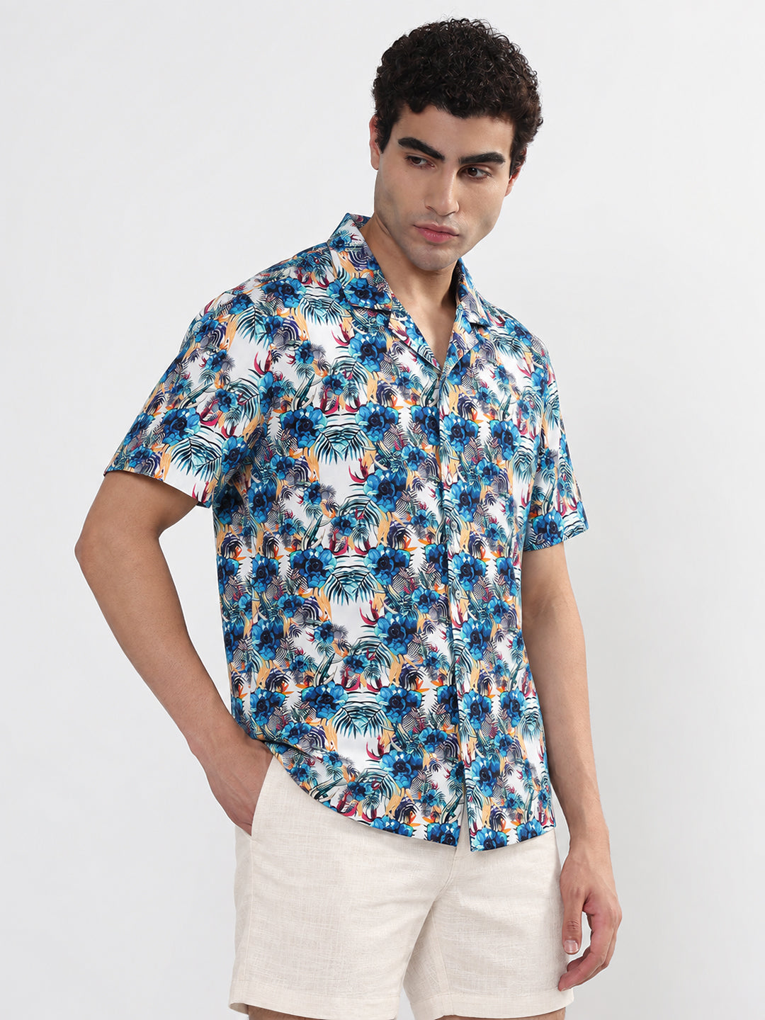 Men’s Printed Blue Relaxed Fit Short Sleeves Shirt