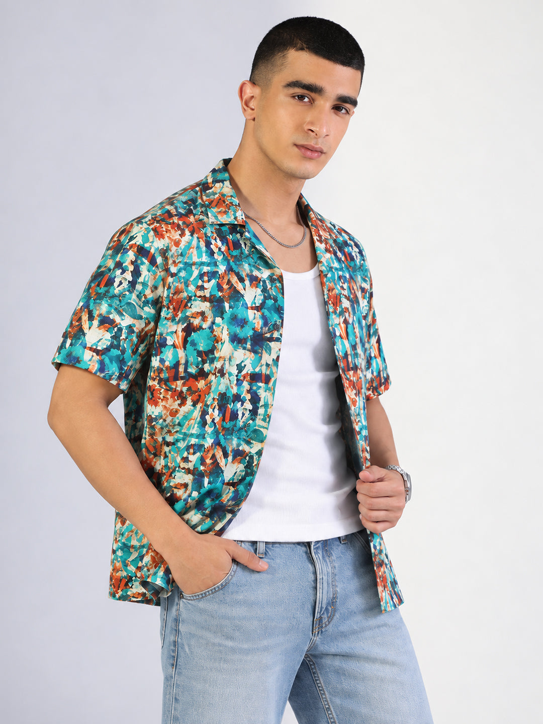 Men’s Printed Blue Relaxed Fit Short Sleeves Shirt