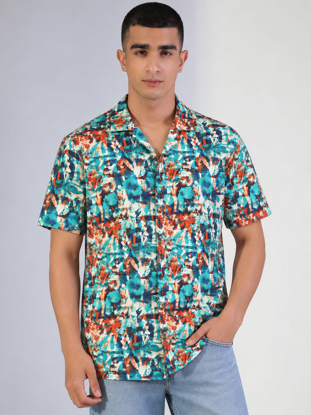 Men’s Printed Blue Relaxed Fit Short Sleeves Shirt
