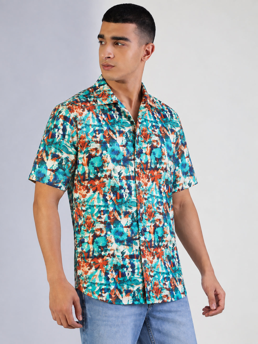Men’s Printed Blue Relaxed Fit Short Sleeves Shirt
