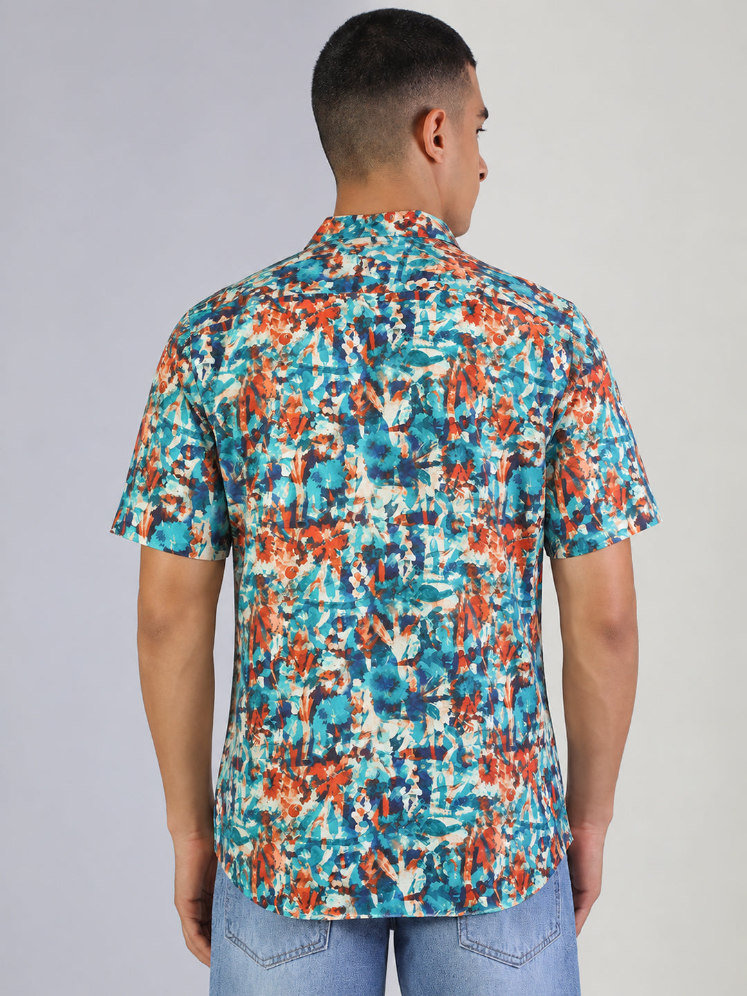 Men’s Printed Blue Relaxed Fit Short Sleeves Shirt