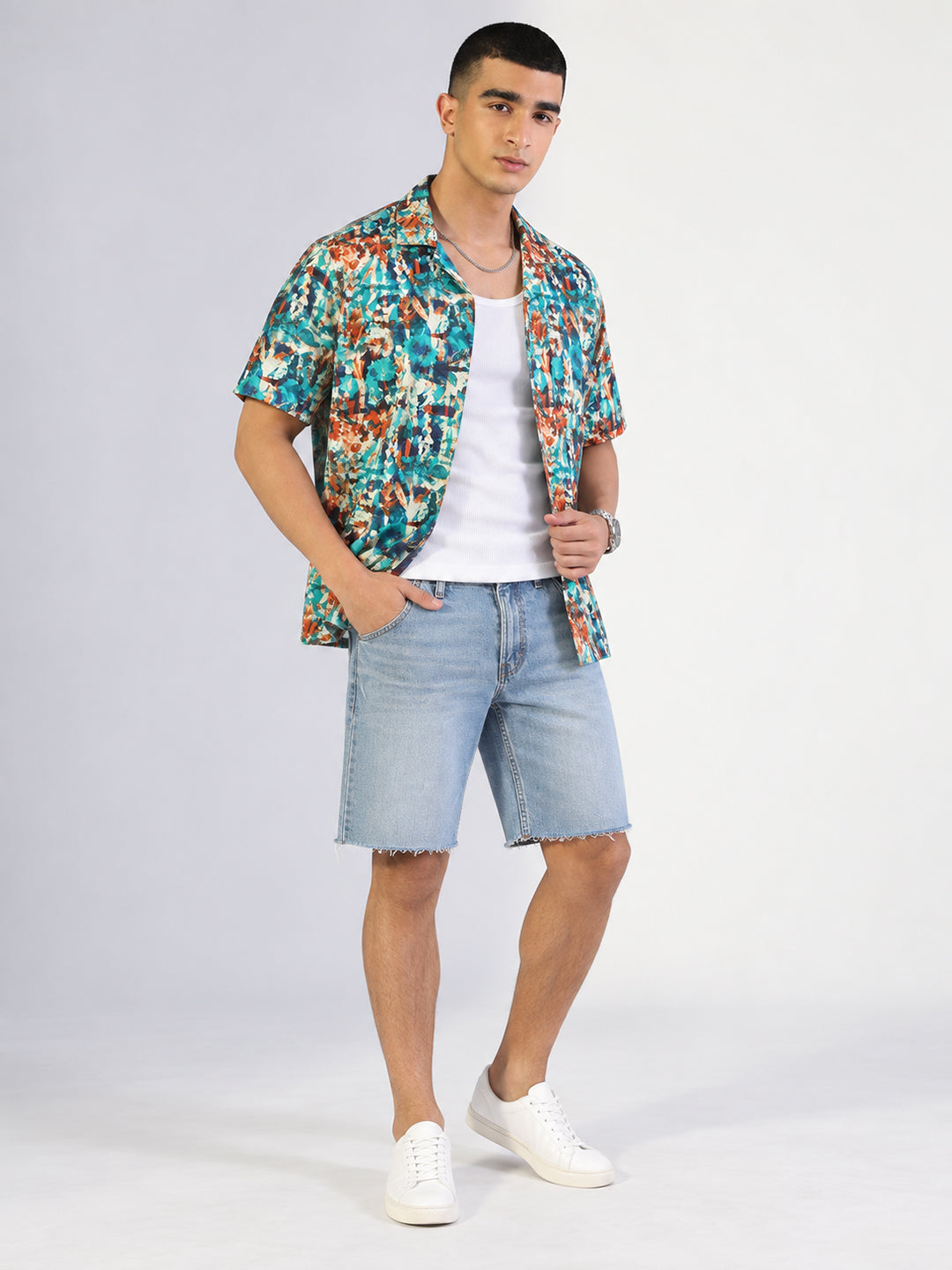 Men’s Printed Blue Relaxed Fit Short Sleeves Shirt