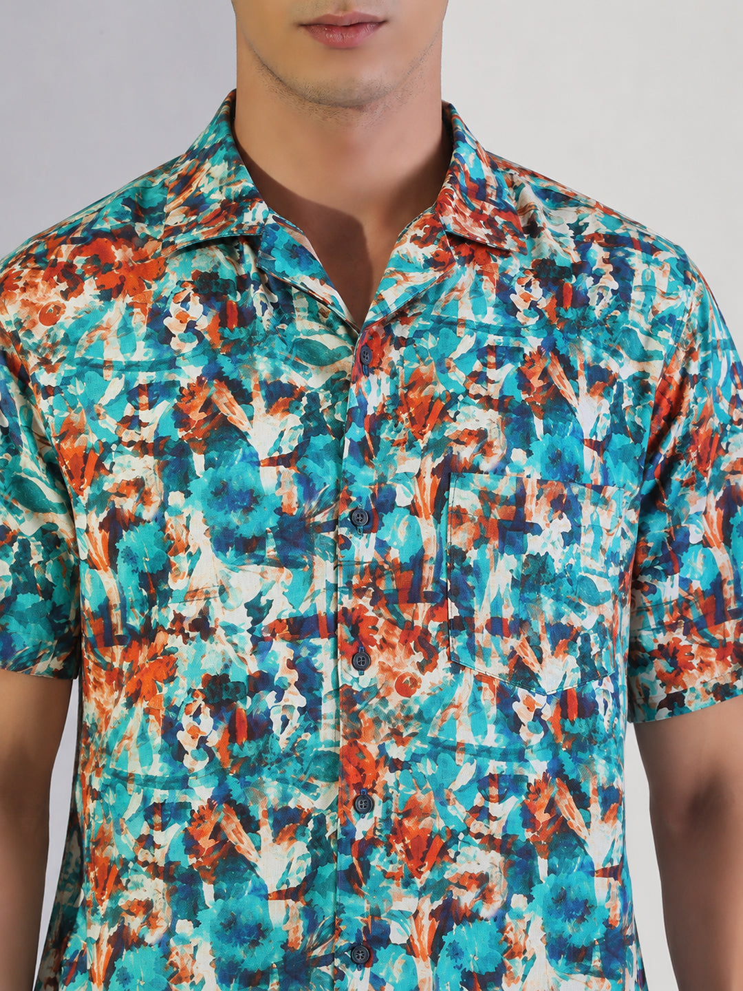 Men’s Printed Blue Relaxed Fit Short Sleeves Shirt