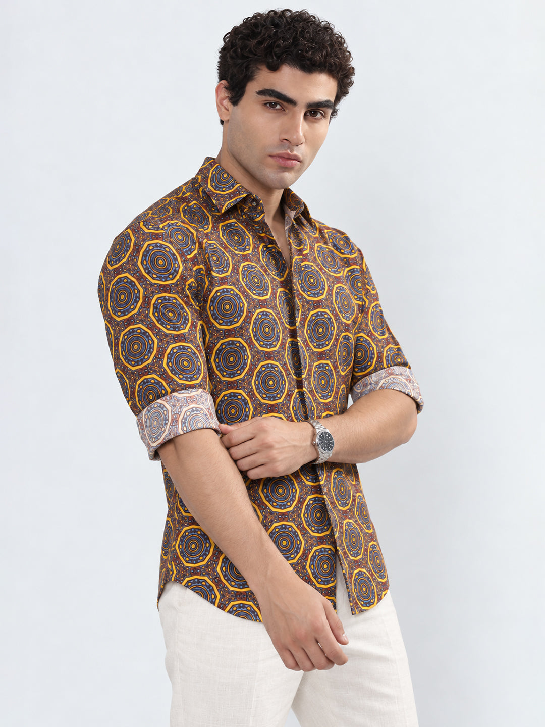 Men’s Ethnic Motifs Printed Brown Slim Fit Casual Shirt with Spread Collar