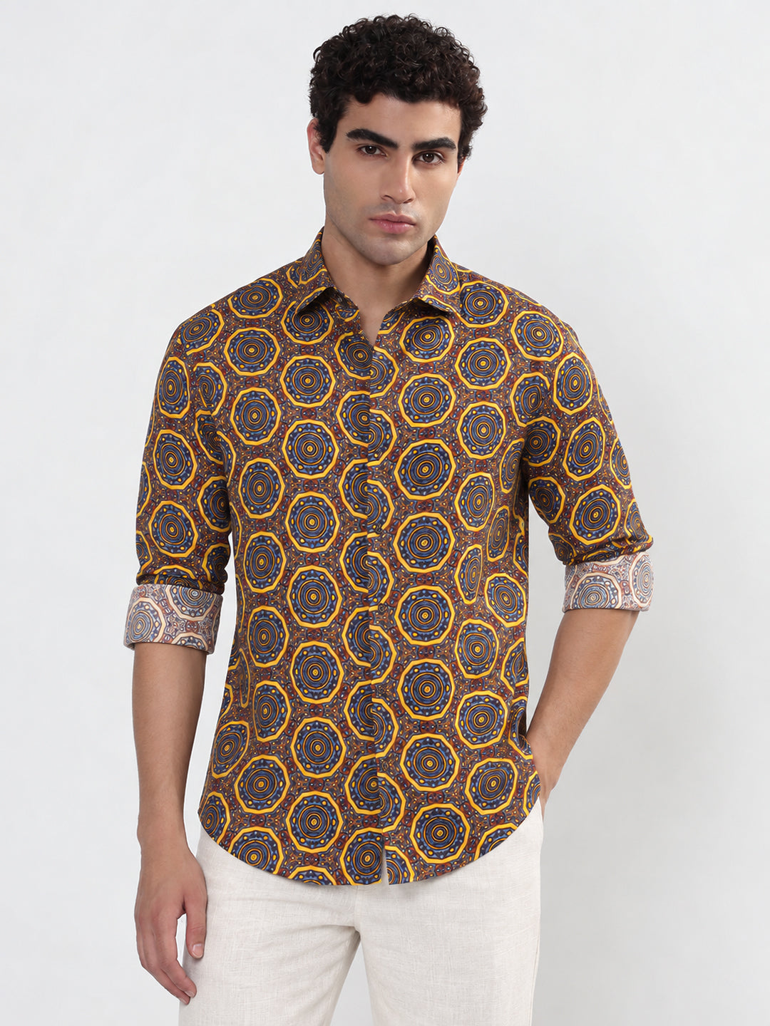 Men’s Ethnic Motifs Printed Brown Slim Fit Casual Shirt with Spread Collar