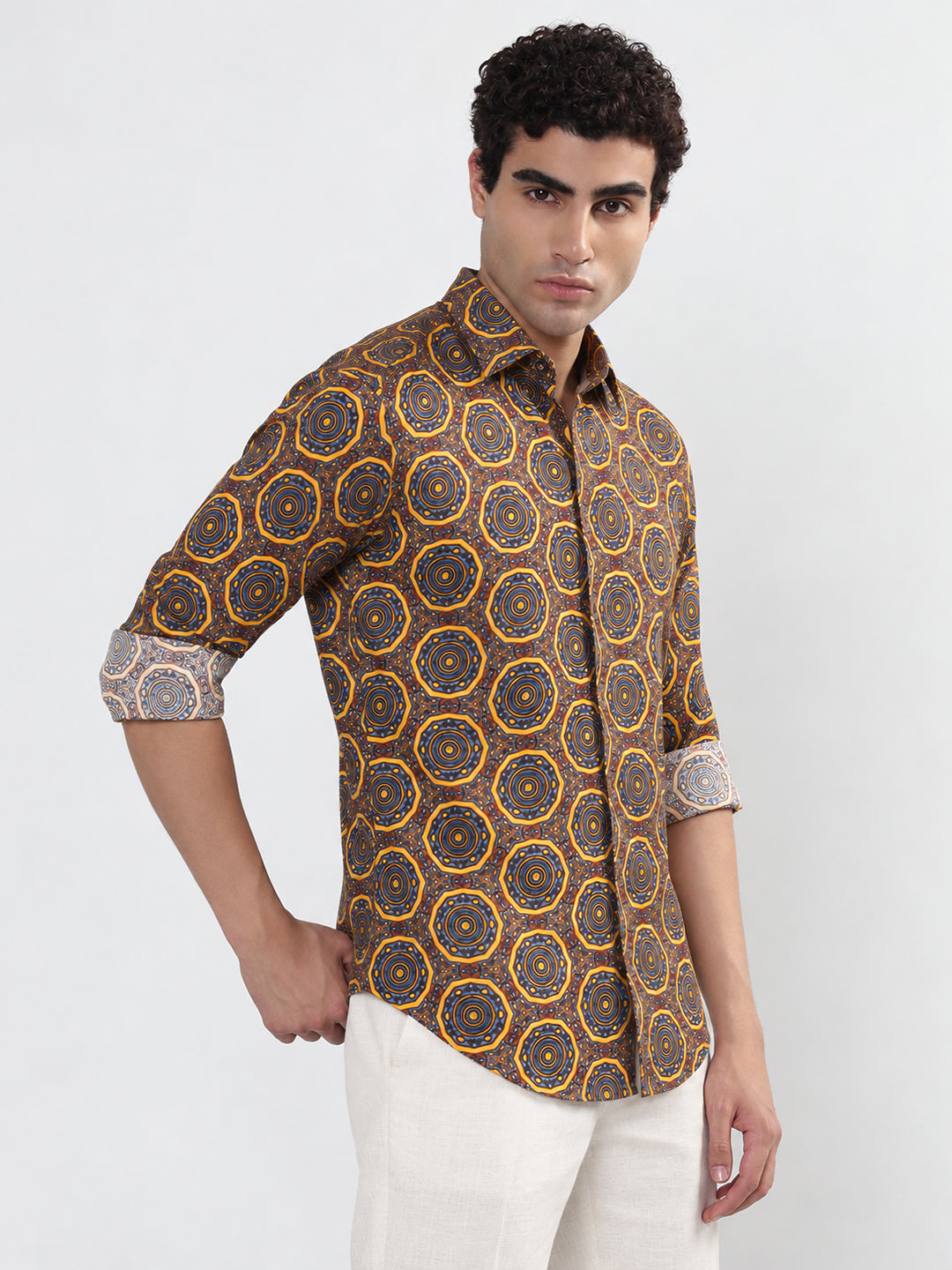 Men’s Ethnic Motifs Printed Brown Slim Fit Casual Shirt with Spread Collar