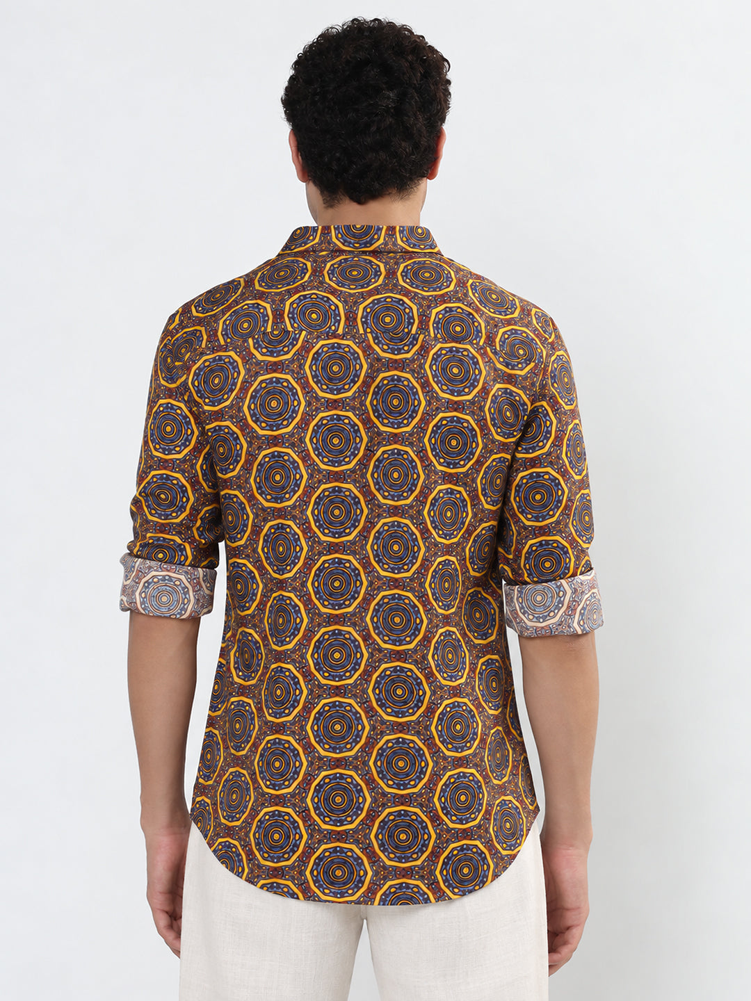Men’s Ethnic Motifs Printed Brown Slim Fit Casual Shirt with Spread Collar