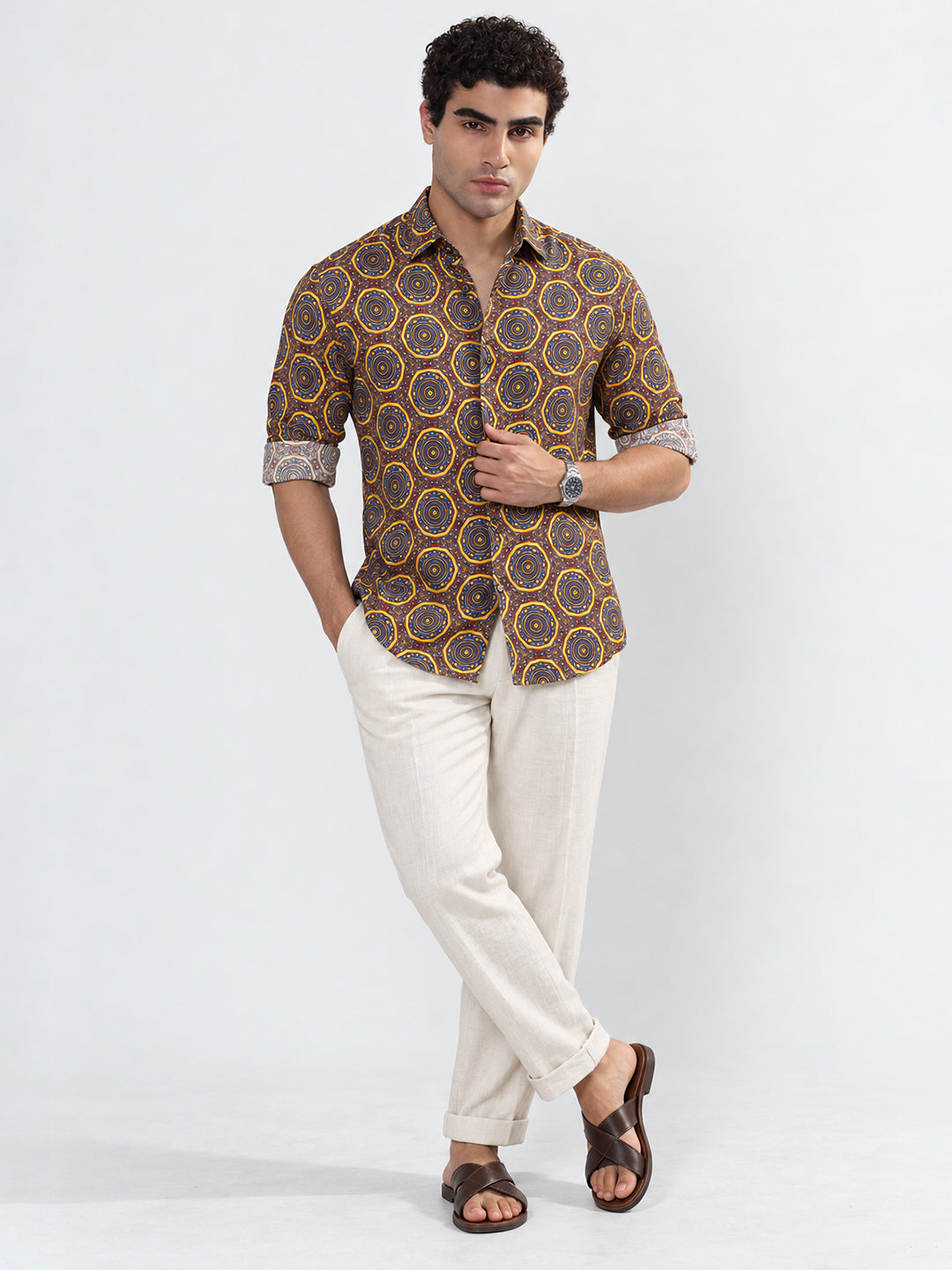 Men’s Ethnic Motifs Printed Brown Slim Fit Casual Shirt with Spread Collar