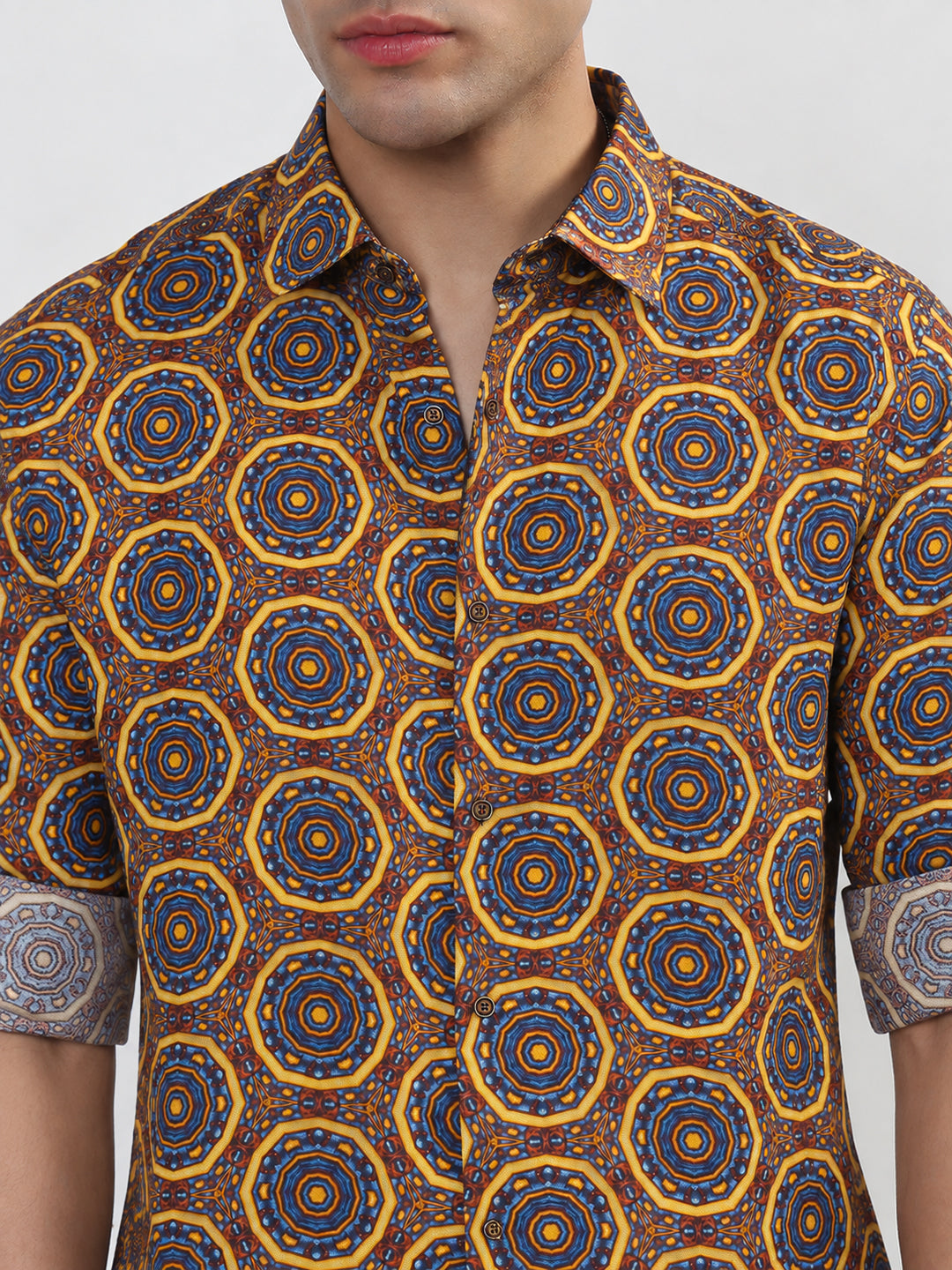 Men’s Ethnic Motifs Printed Brown Slim Fit Casual Shirt with Spread Collar