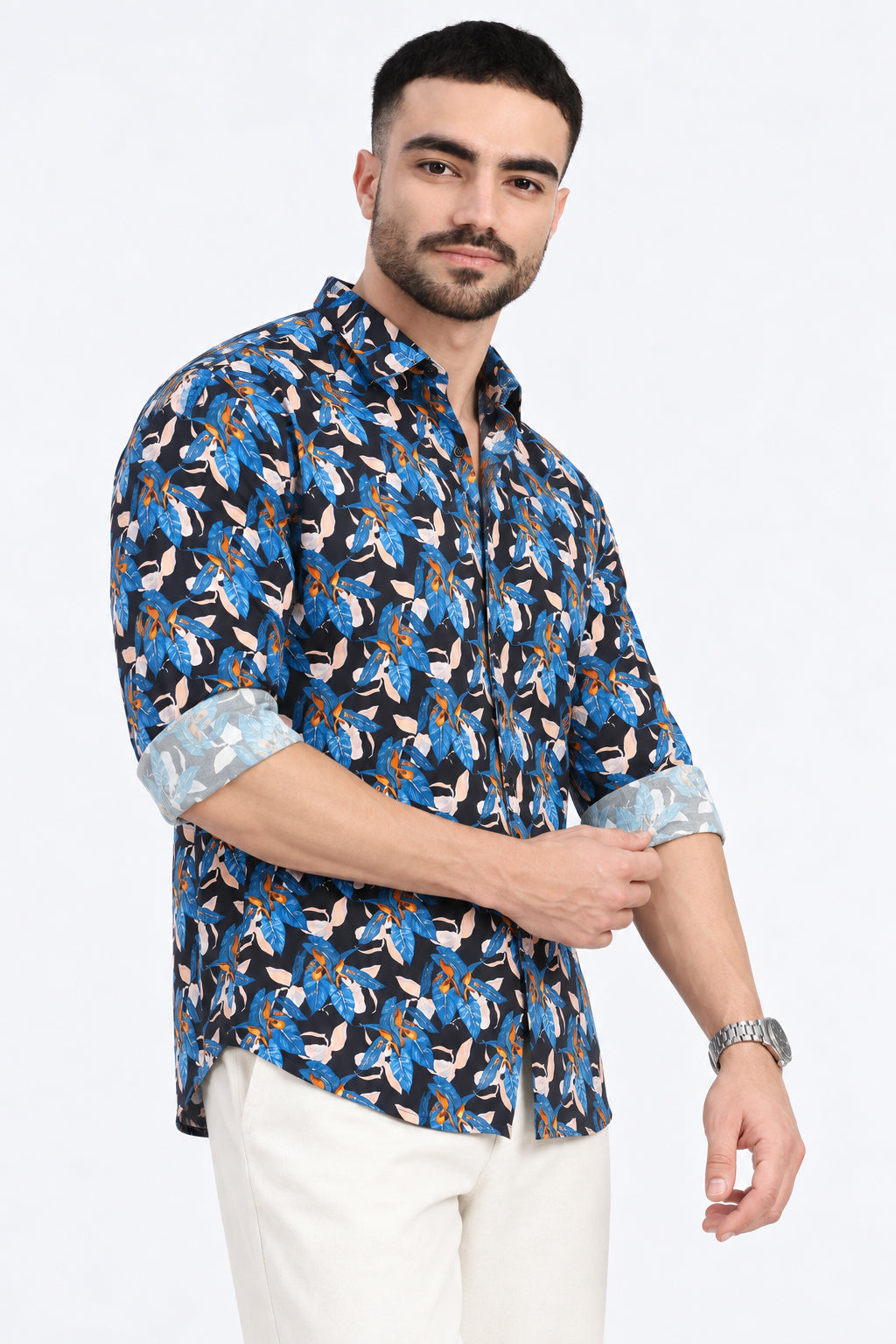 Men’s Floral Printed Blue Slim Fit Casual Shirt with Spread Collar