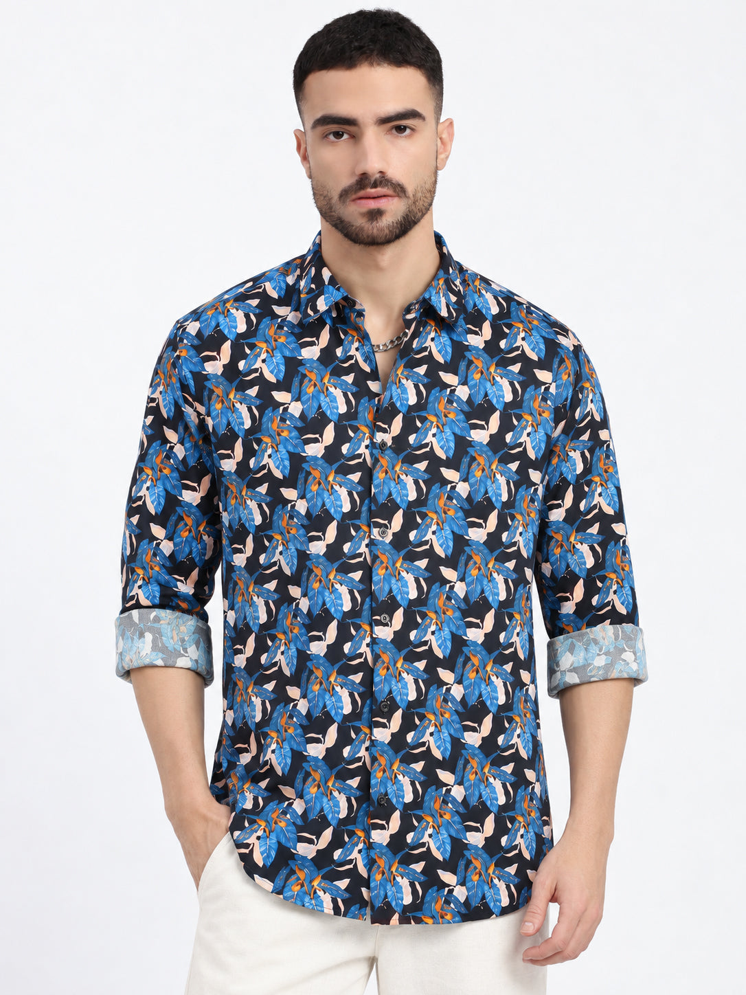 Men’s Floral Printed Blue Slim Fit Casual Shirt with Spread Collar