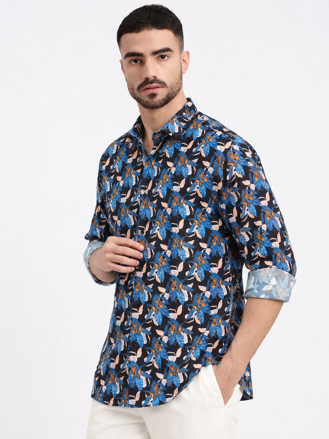 Men’s Floral Printed Blue Slim Fit Casual Shirt with Spread Collar