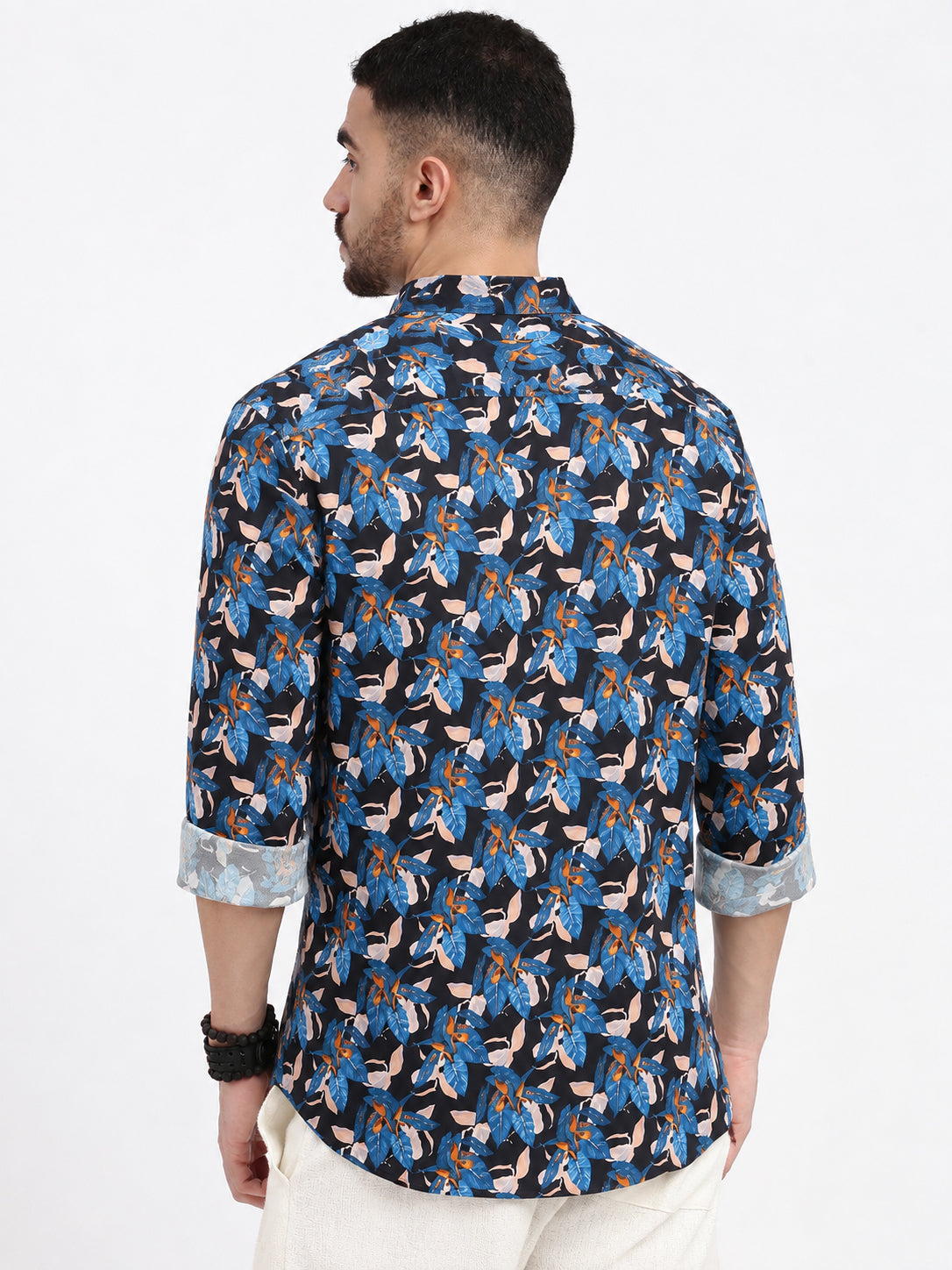 Men’s Floral Printed Blue Slim Fit Casual Shirt with Spread Collar