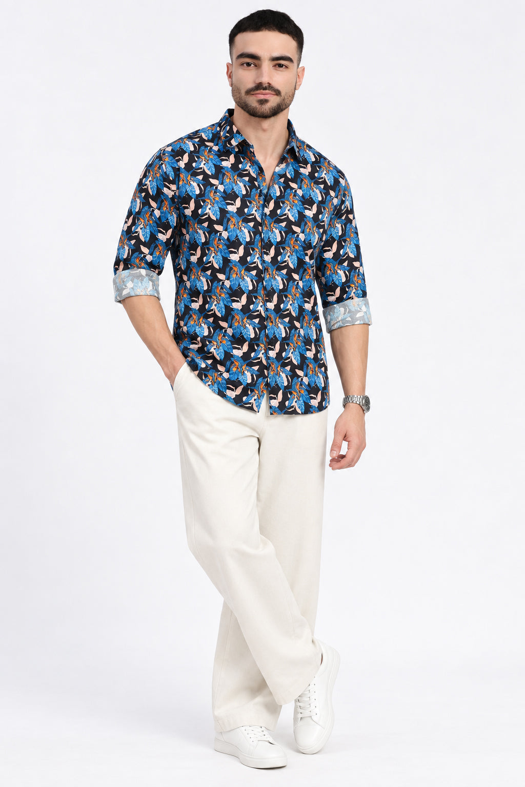 Men’s Floral Printed Blue Slim Fit Casual Shirt with Spread Collar