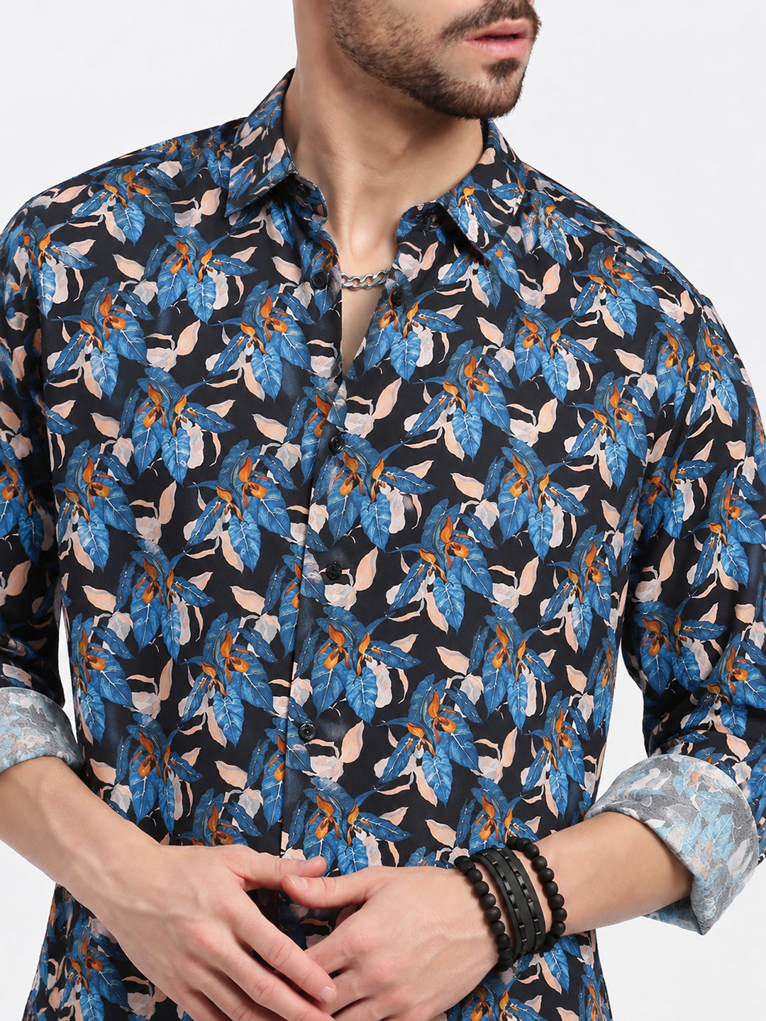 Men’s Floral Printed Blue Slim Fit Casual Shirt with Spread Collar