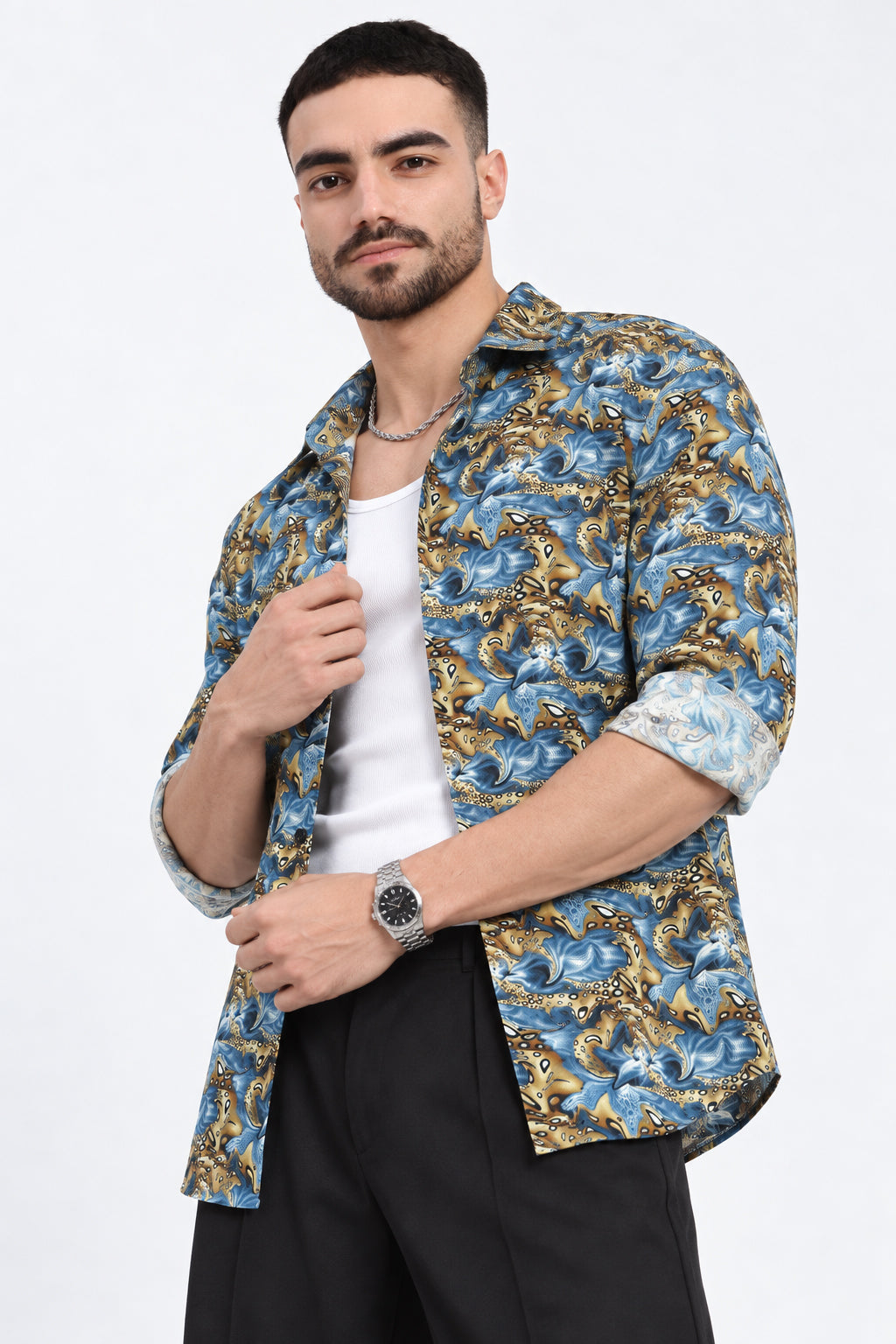 Men’s Abstract Floral Printed Blue Slim Fit Casual Shirt with Spread Collar