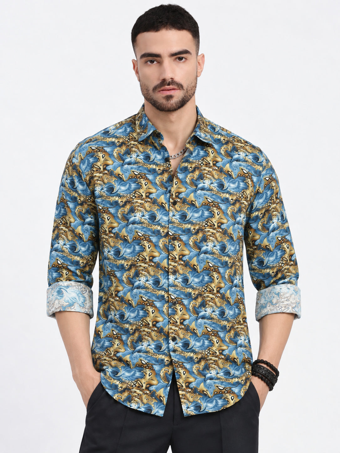 Men’s Abstract Floral Printed Blue Slim Fit Casual Shirt with Spread Collar