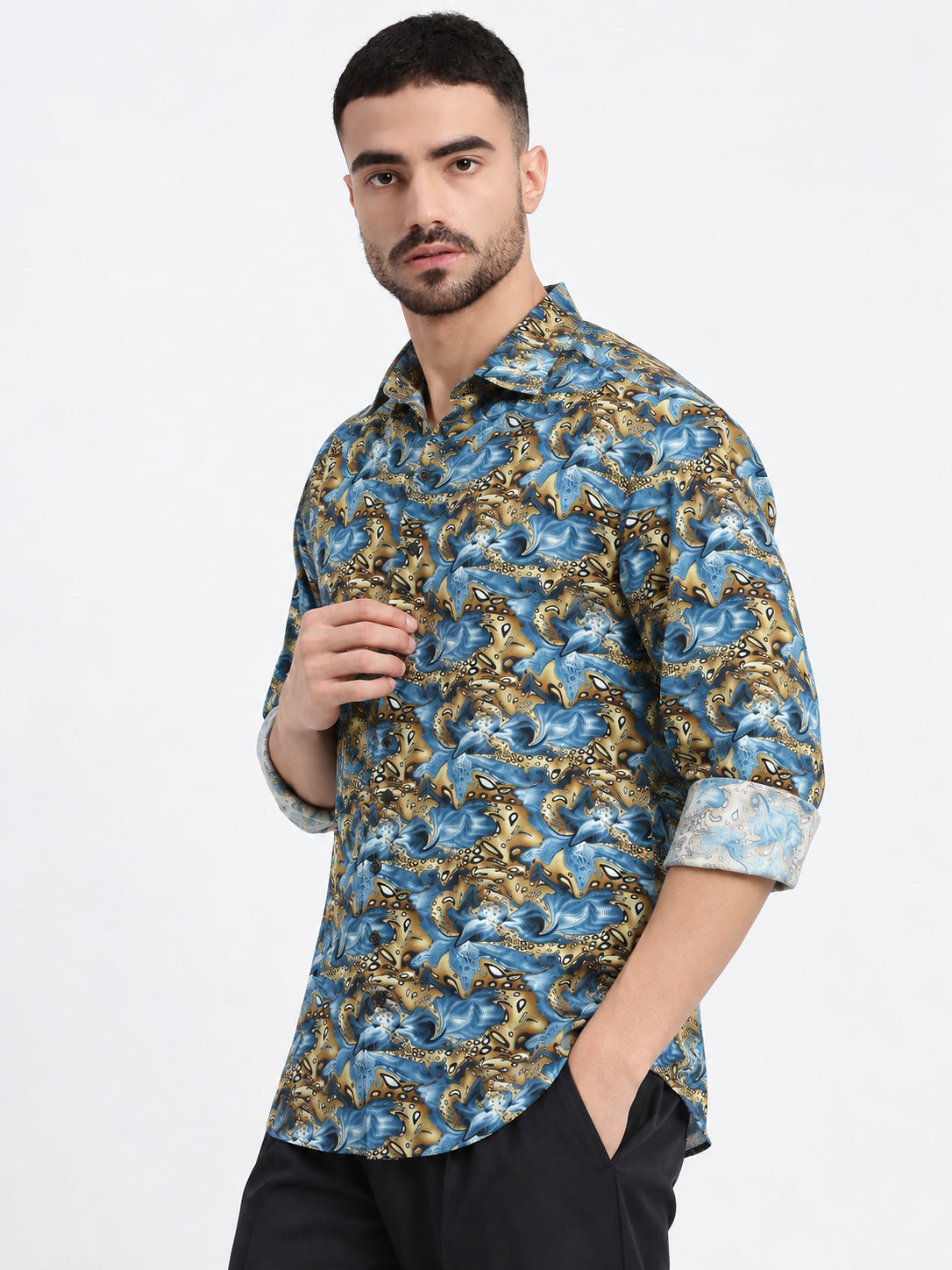 Men’s Abstract Floral Printed Blue Slim Fit Casual Shirt with Spread Collar